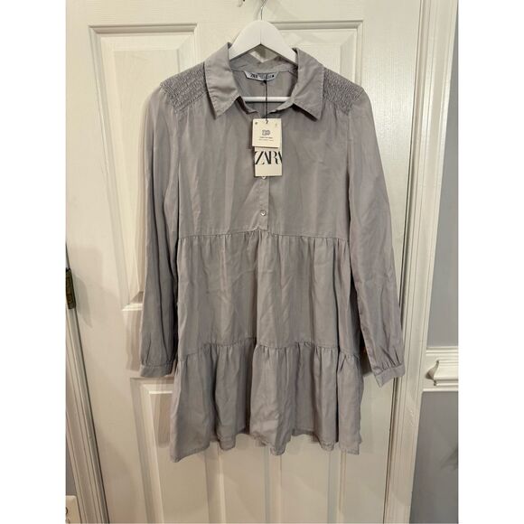 Zara Light Gray Tiered Smocked Long Sleeve Babydoll Dress Sz M NWT - Picture 1 of 7